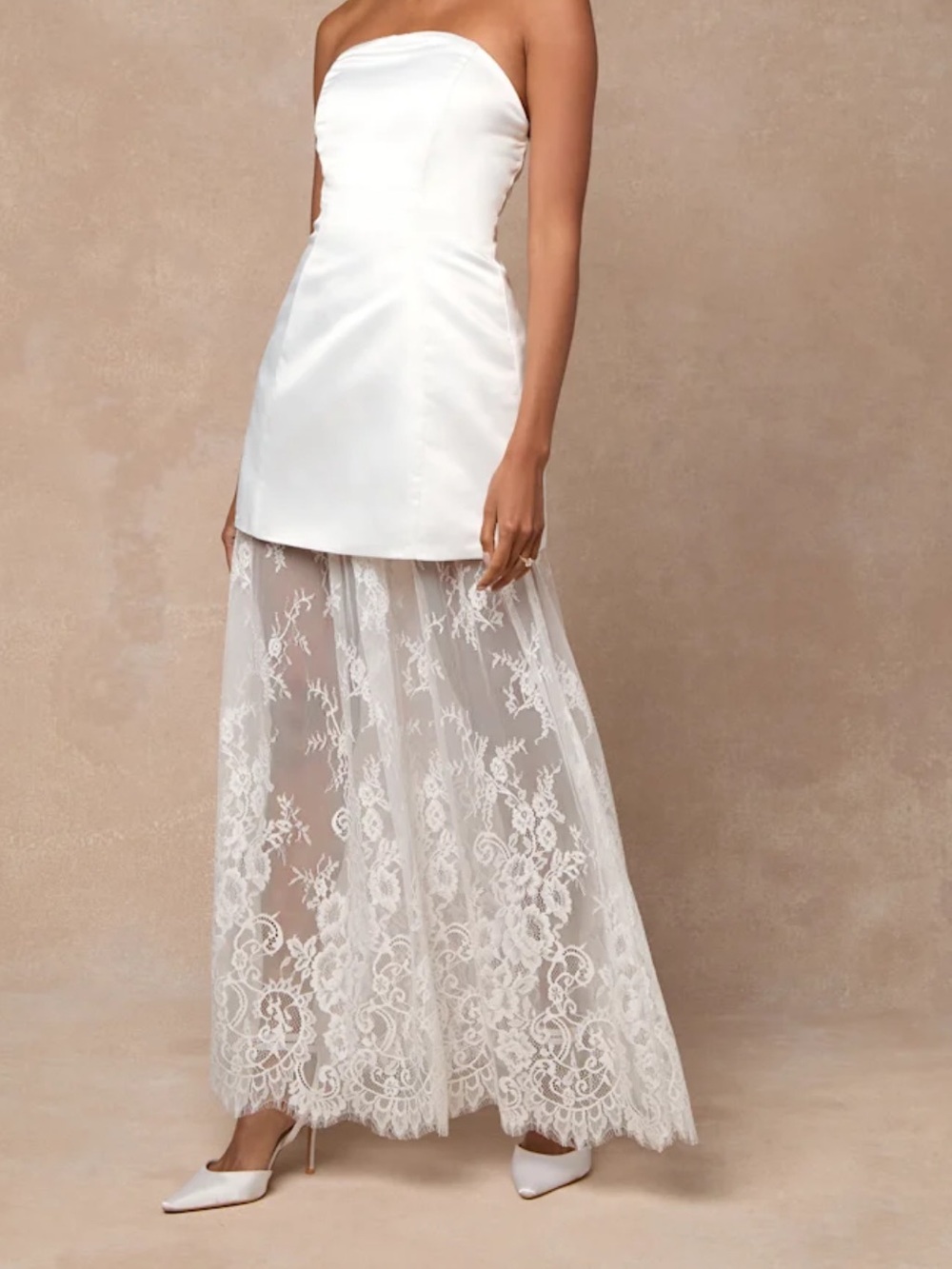Lulu's Winslet White Satin Sheer Hem Strapless Maxi
Dress
